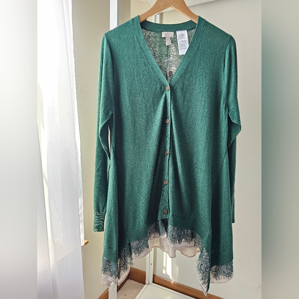 Green Button-Up Faux Layers Cardigan with Lace Hem